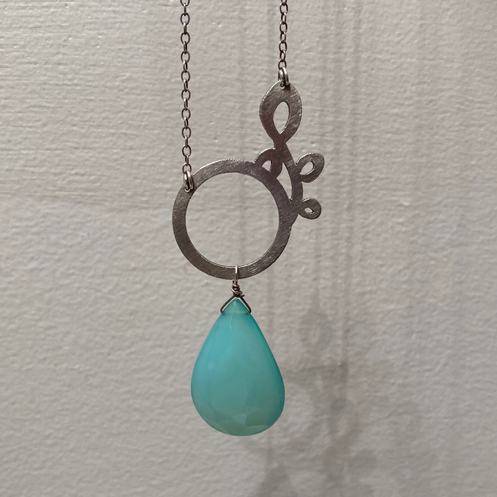 Sterling silver and chalcedony necklace, laser cut leaf design by Carrie Saxl